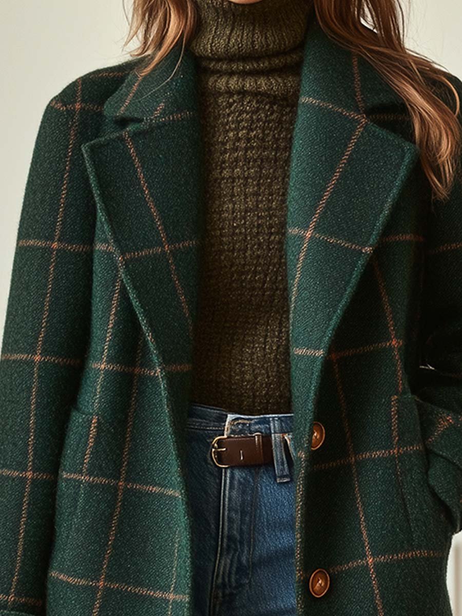 Tina Plaid Tweed Coat with Retro Lapel