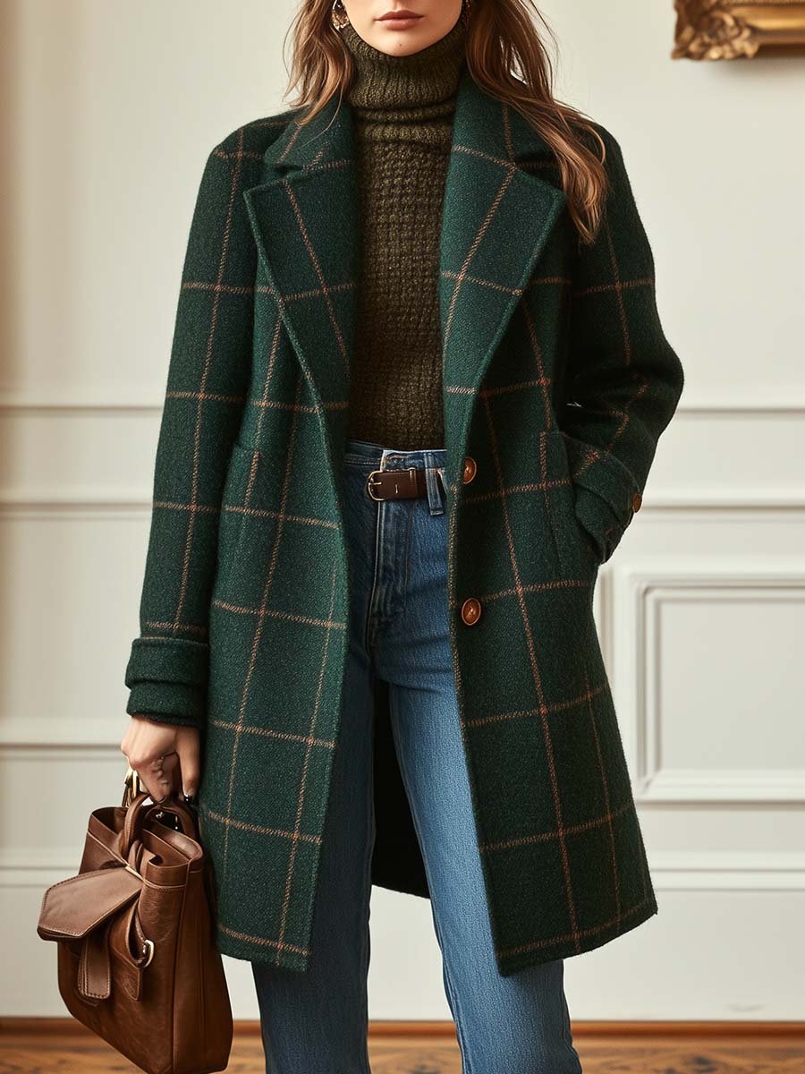 Tina Plaid Tweed Coat with Retro Lapel